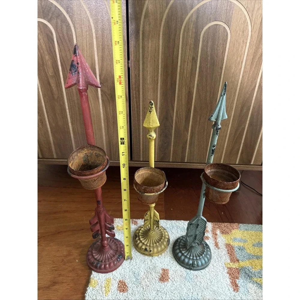 Vintage Cast Iron Arrow Candle Stands Tea Light Holder Set Of 3 Rustic Farmhouse